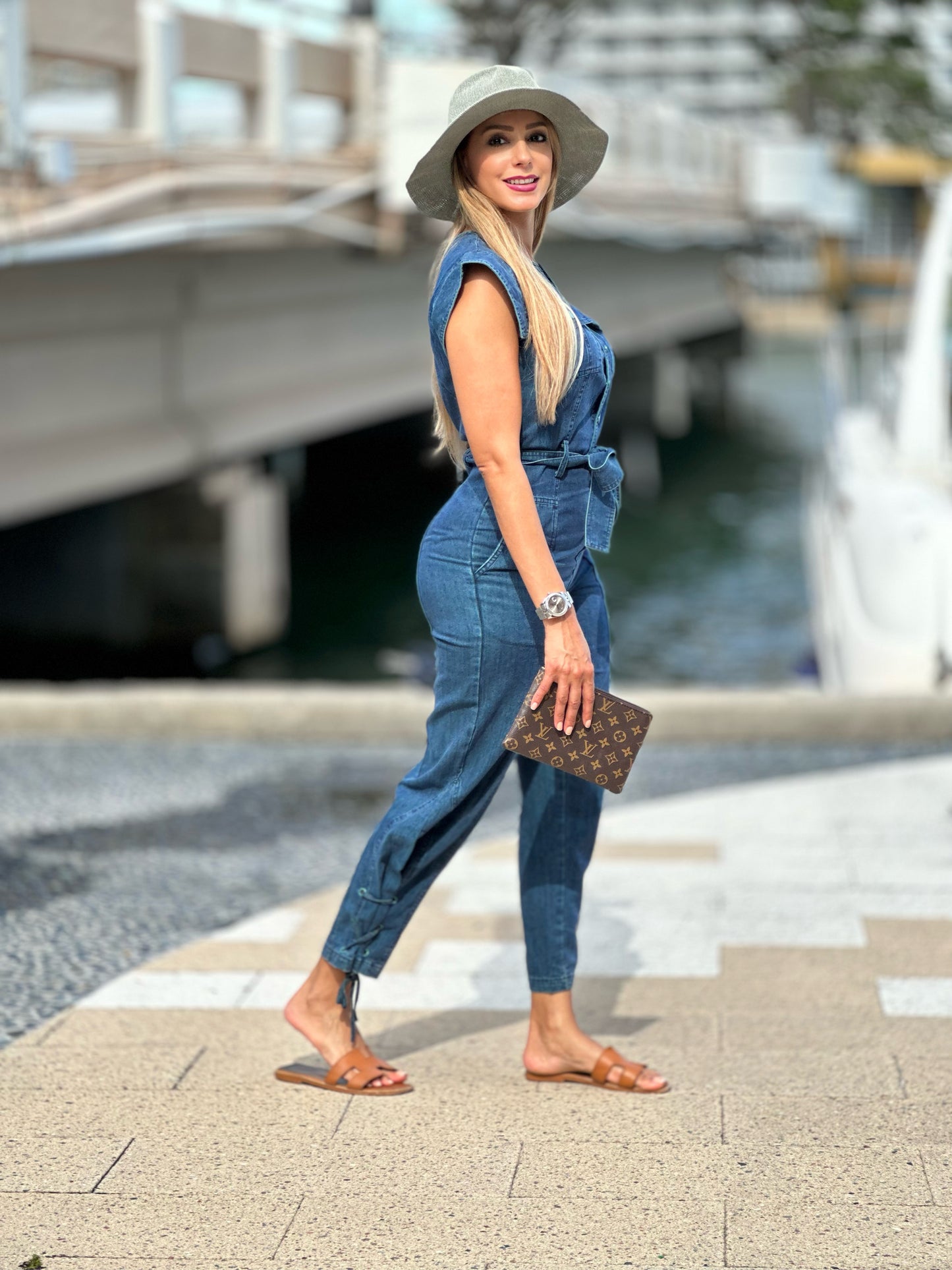 Flap pocket belted denim jumpsuit